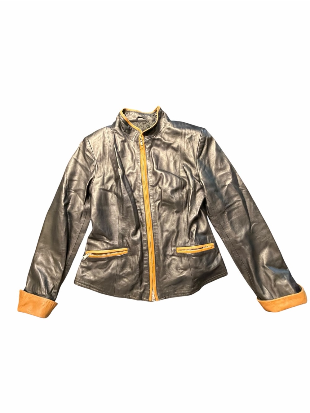 Vera Pelle Italy Vintage Black Leather Jacket Brown Trim Cuffs Zipper Pockets LG